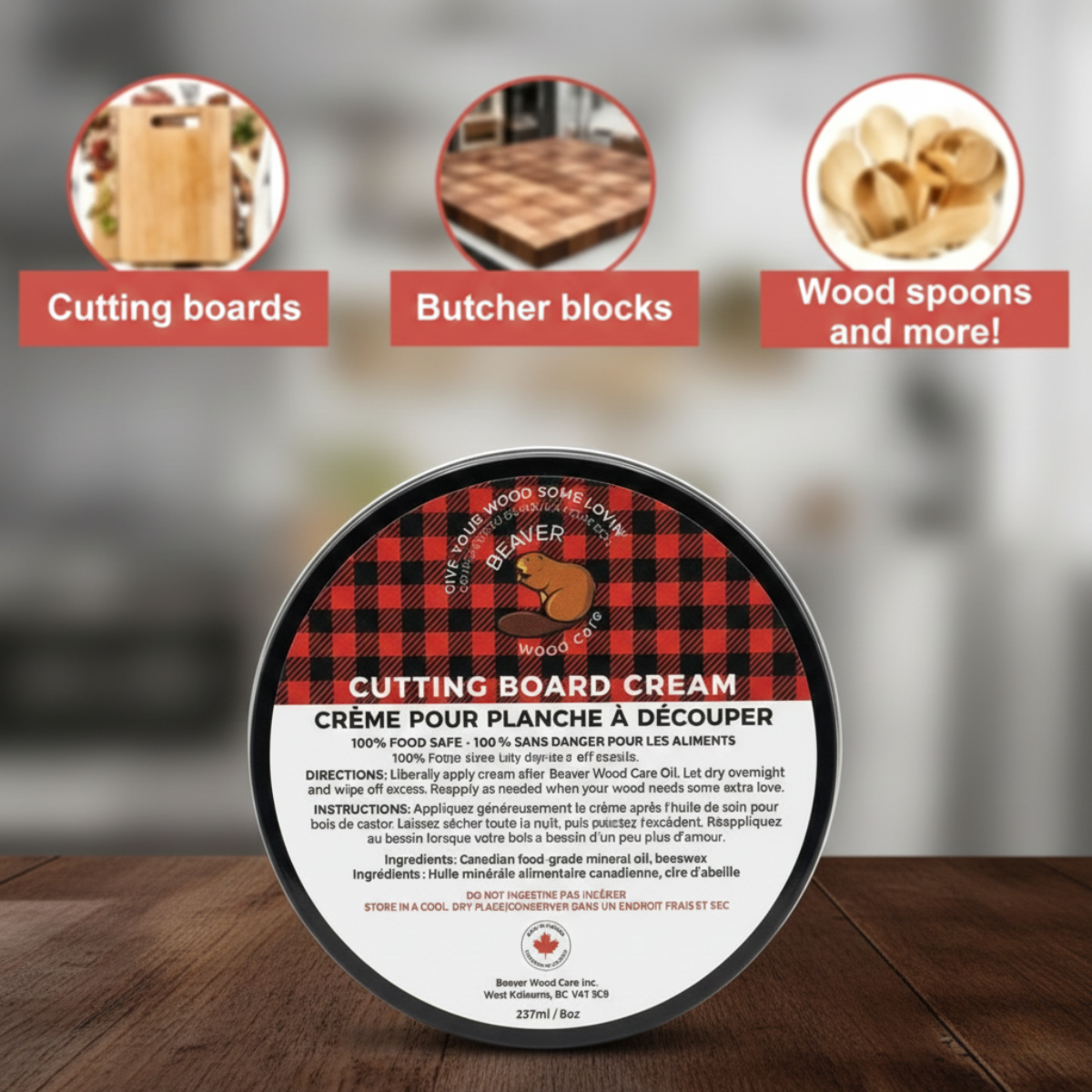 237ml Cutting Board Cream | 100% Canadian Beeswax & Mineral Oil | Food Safe Finish