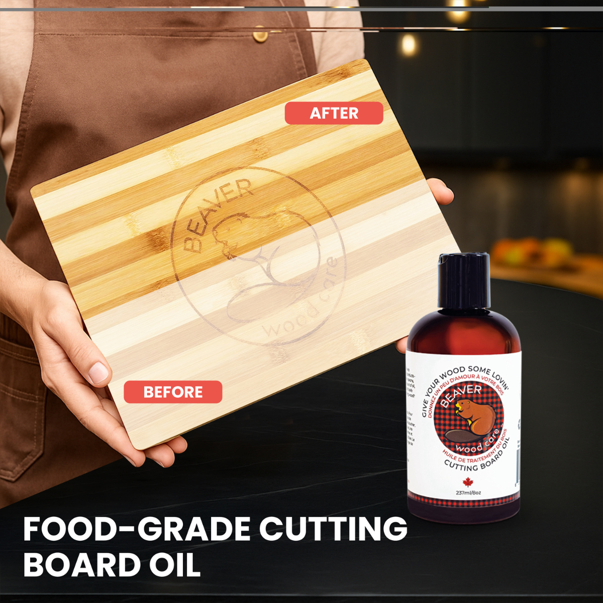 237ml Beaver Wood Care: Butcher Block & Cutting Board Oil | Food Grade Conditioner for Bamboo & Hardwoods